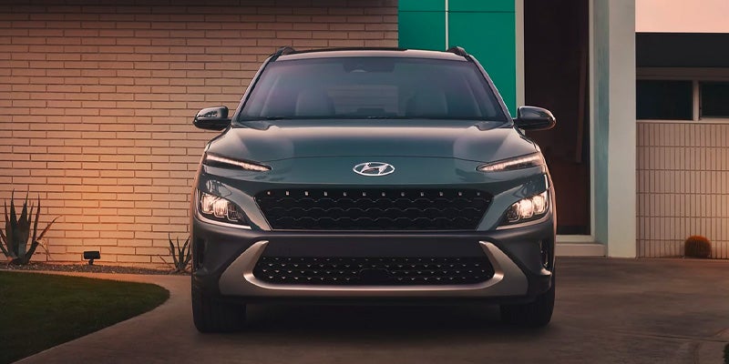 Hyundai Kona SUV front view parked outside modern building