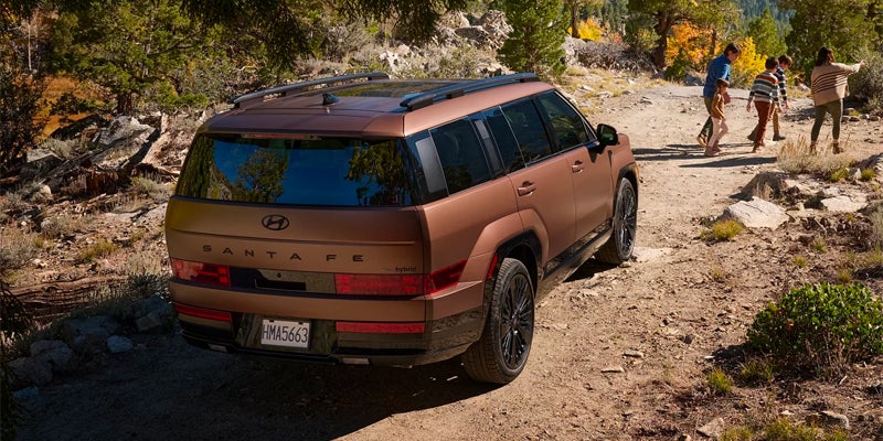Hyundai Santa Fe rear three-quarter view on forest trail