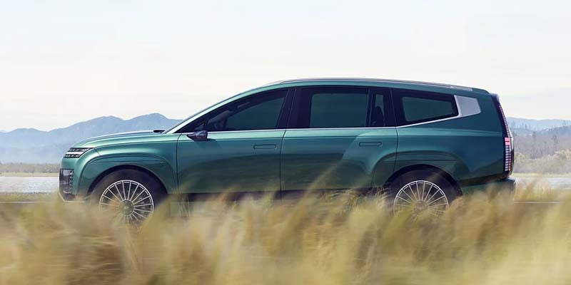 Hyundai IONIQ 9 side profile driving through grassland